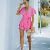 Rompers + Jumpsuits * | Do+B-001 Movement Cotton Blend Ruffle Wrap Romper Pink