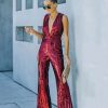 Rompers + Jumpsuits * | On T-001 Dancing On Air Sequin Jumpsuit Burgundy Final Sale