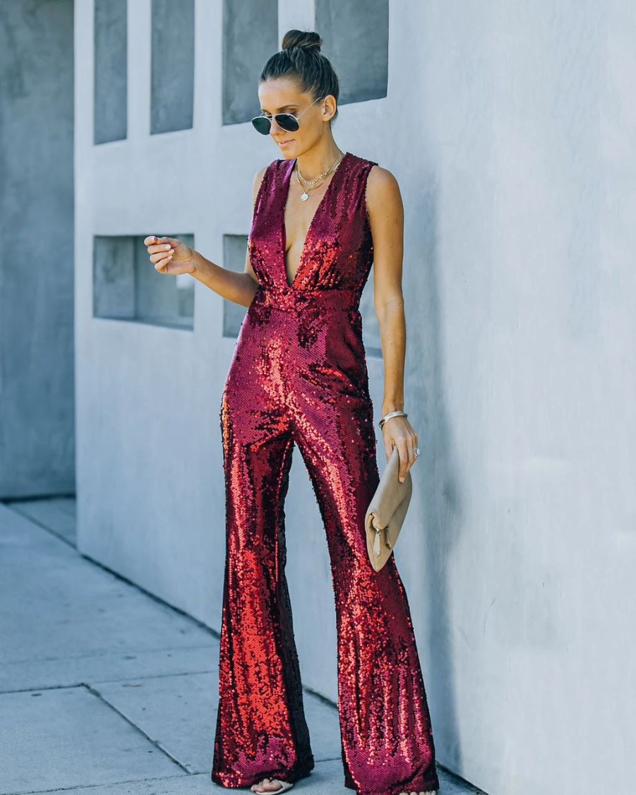 Rompers + Jumpsuits * | On T-001 Dancing On Air Sequin Jumpsuit Burgundy Final Sale