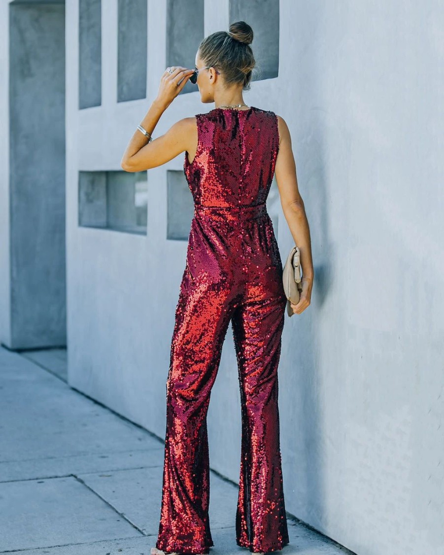 Rompers + Jumpsuits * | On T-001 Dancing On Air Sequin Jumpsuit Burgundy Final Sale