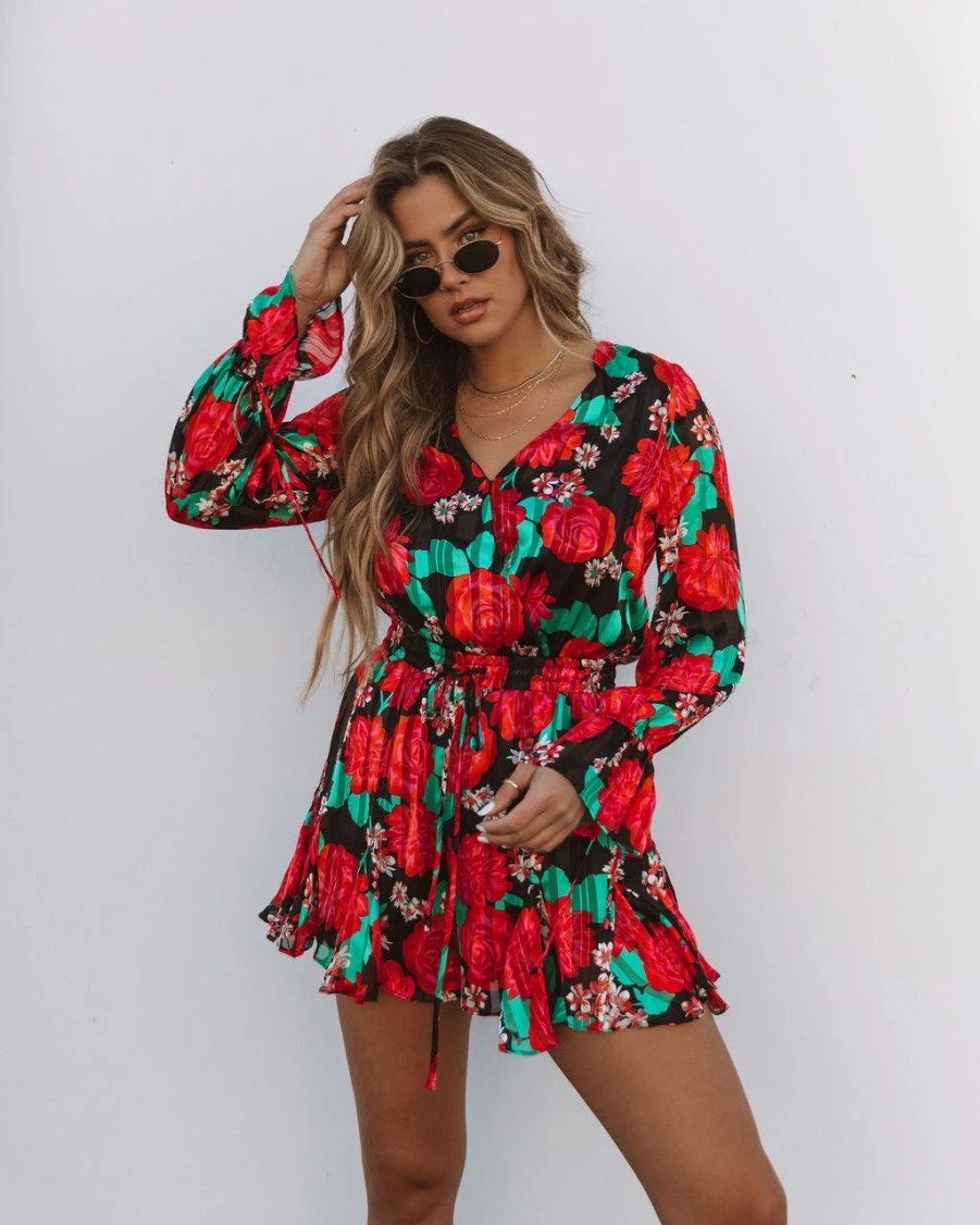 Rompers + Jumpsuits * | Suga-001 Rosebud Satin Floral Ruffle Romper Last Chance