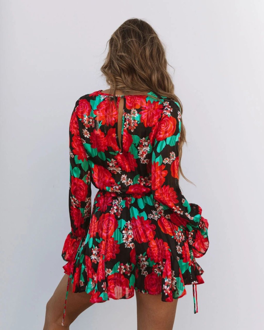 Rompers + Jumpsuits * | Suga-001 Rosebud Satin Floral Ruffle Romper Last Chance