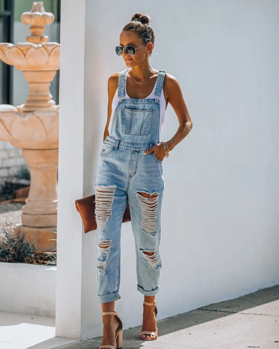 Rompers + Jumpsuits * | Danc-001 Sassy Sweetheart Distressed Denim Overalls Final Sale