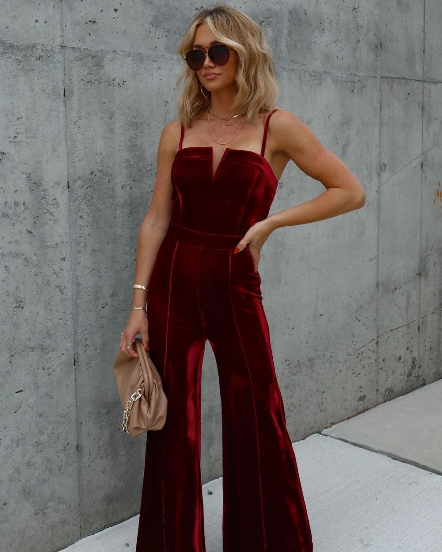 Rompers + Jumpsuits * | Salt-001 Bristol Velvet Wide Leg Jumpsuit Burgundy Final Sale