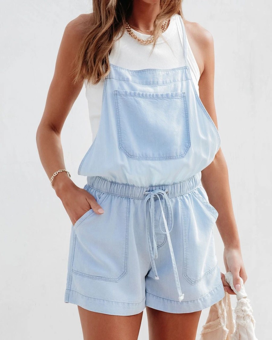 Rompers + Jumpsuits * | Flaw-001 Siesta Key Chambray Pocketed Romper