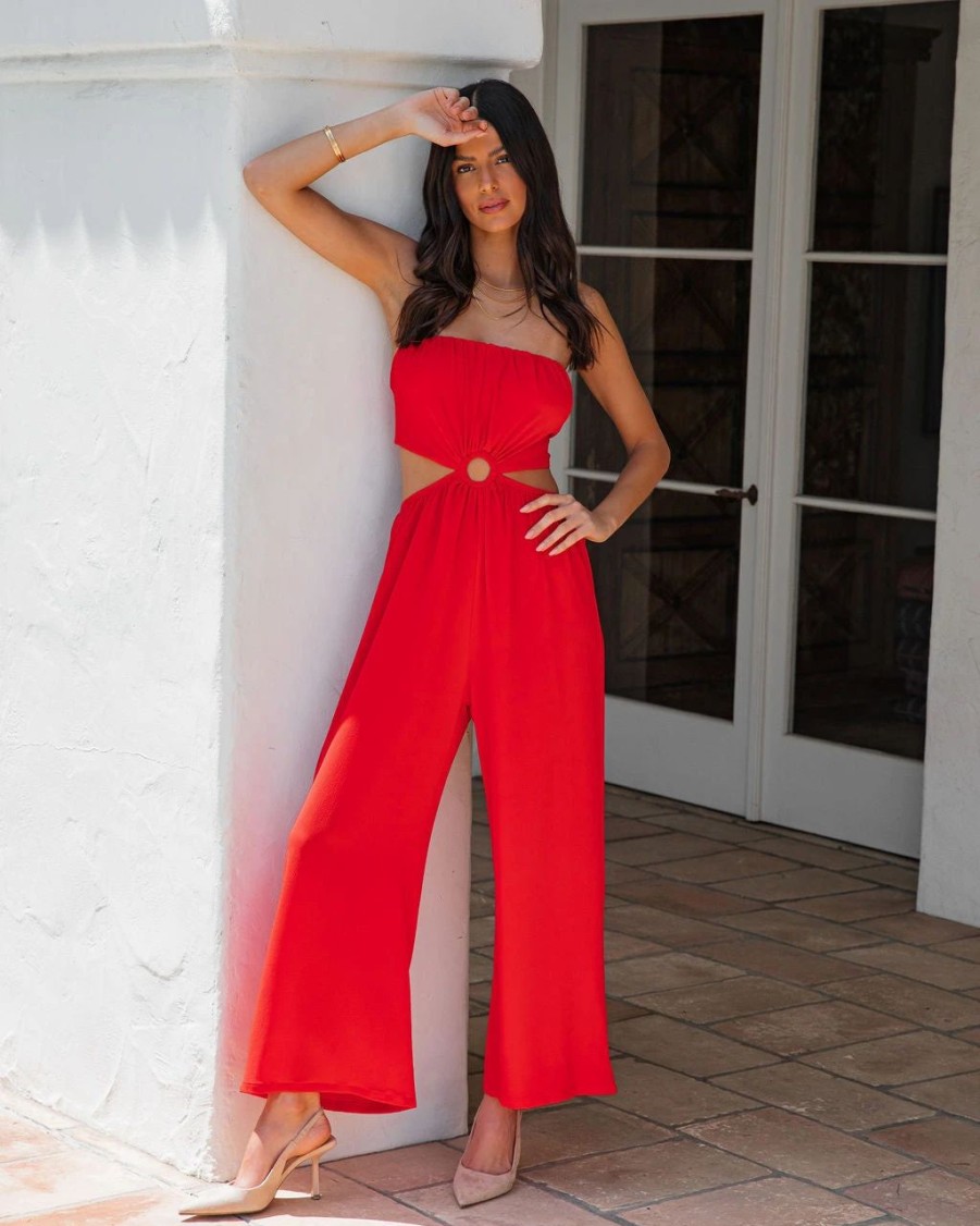 Rompers + Jumpsuits * | Tych-001 Dolled Up Strapless Cutout Jumpsuit Tomato Red Final Sale