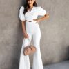 Rompers + Jumpsuits * | Salt-001 Sarah Denim Puff Sleeve Flare Jumpsuit White Sale