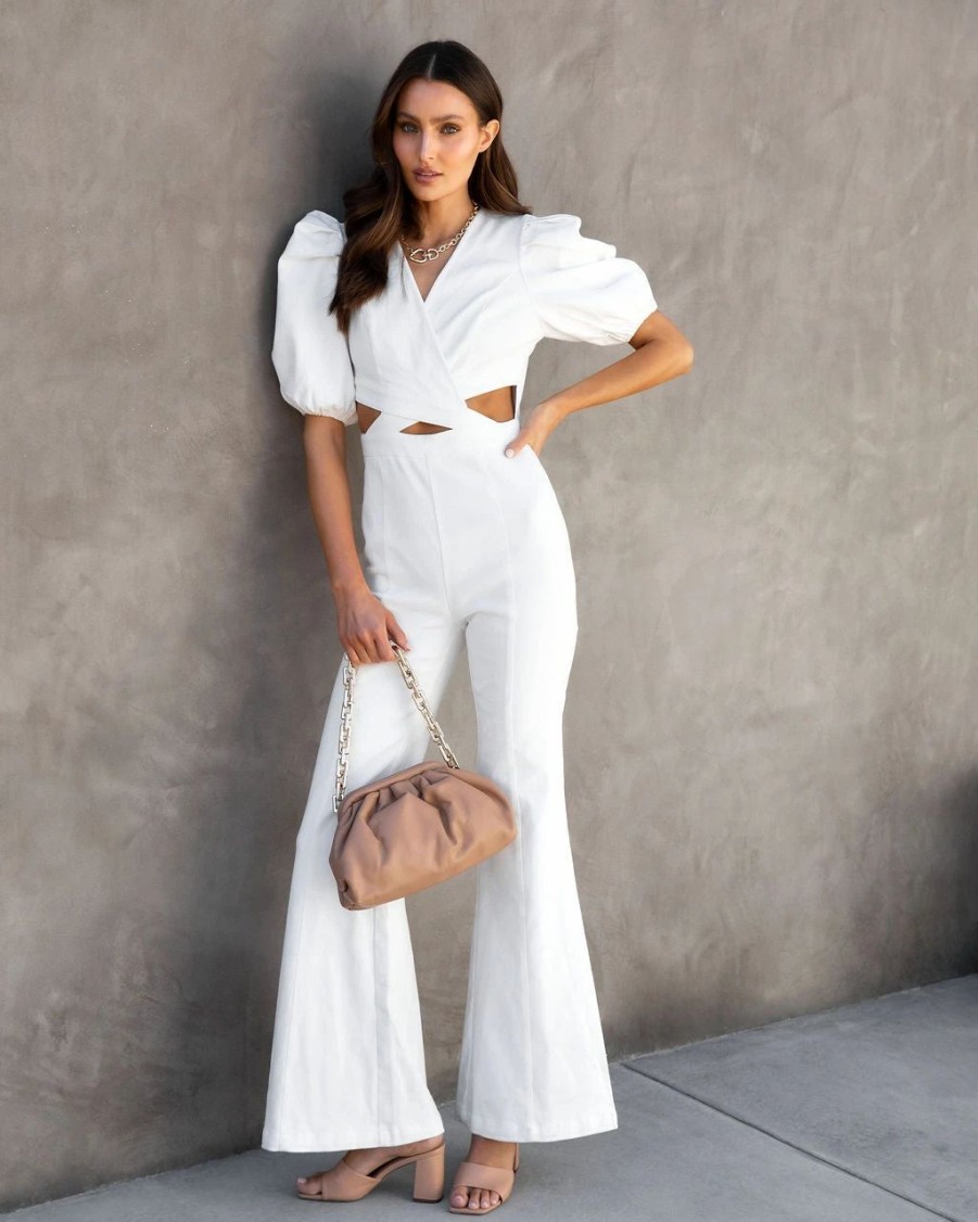 Rompers + Jumpsuits * | Salt-001 Sarah Denim Puff Sleeve Flare Jumpsuit White Sale