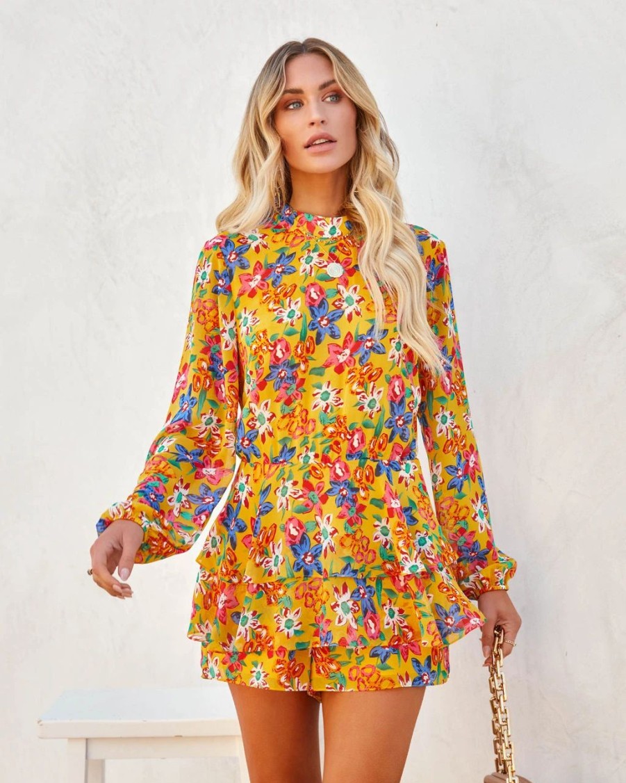 Rompers + Jumpsuits * | Endl-001 Kimmy Floral Ruffle Tiered Romper Orange Last Chance