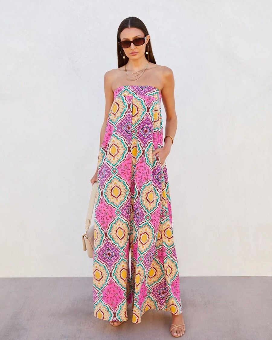 Rompers + Jumpsuits * | Aaka-001 Amara Strapless Printed Pocketed Wide Leg Jumpsuit