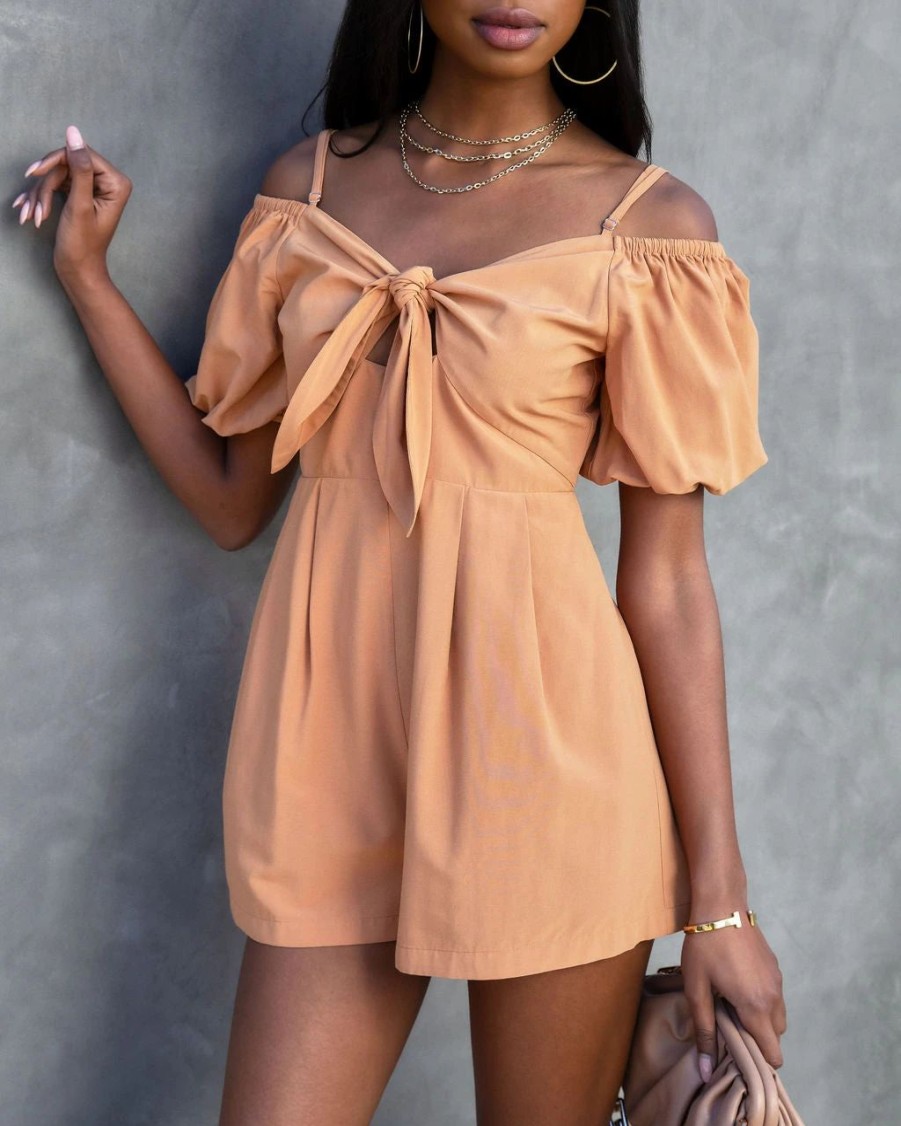 Rompers + Jumpsuits * | Salt-001 Mercedes Off The Shoulder Pocketed Romper Dusty Orange Final Sale