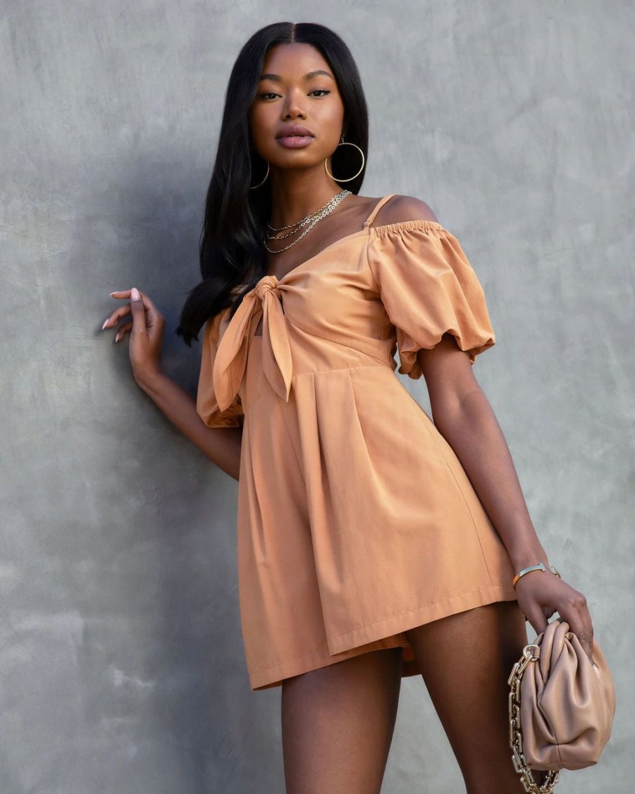 Rompers + Jumpsuits * | Salt-001 Mercedes Off The Shoulder Pocketed Romper Dusty Orange Final Sale