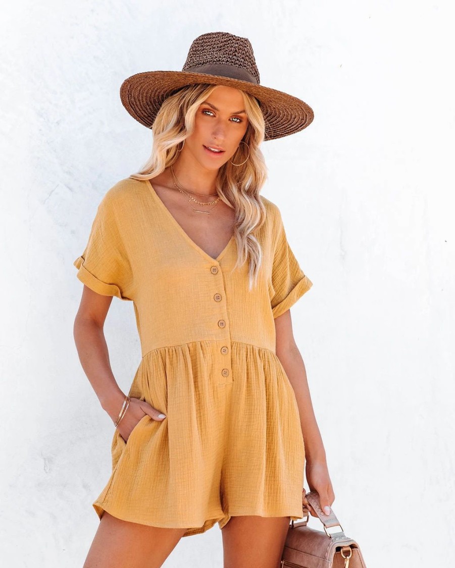 Rompers + Jumpsuits * | Lush-001 Manuka Cotton Pocketed Romper Mustard Final Sale