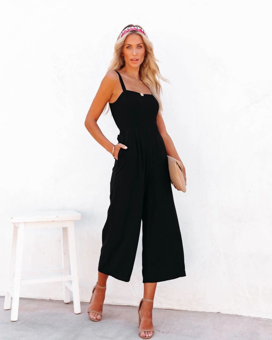 Rompers + Jumpsuits * | Dee-001 Dollhouse Cotton Pocketed Tie Back Jumpsuit Black Last Chance