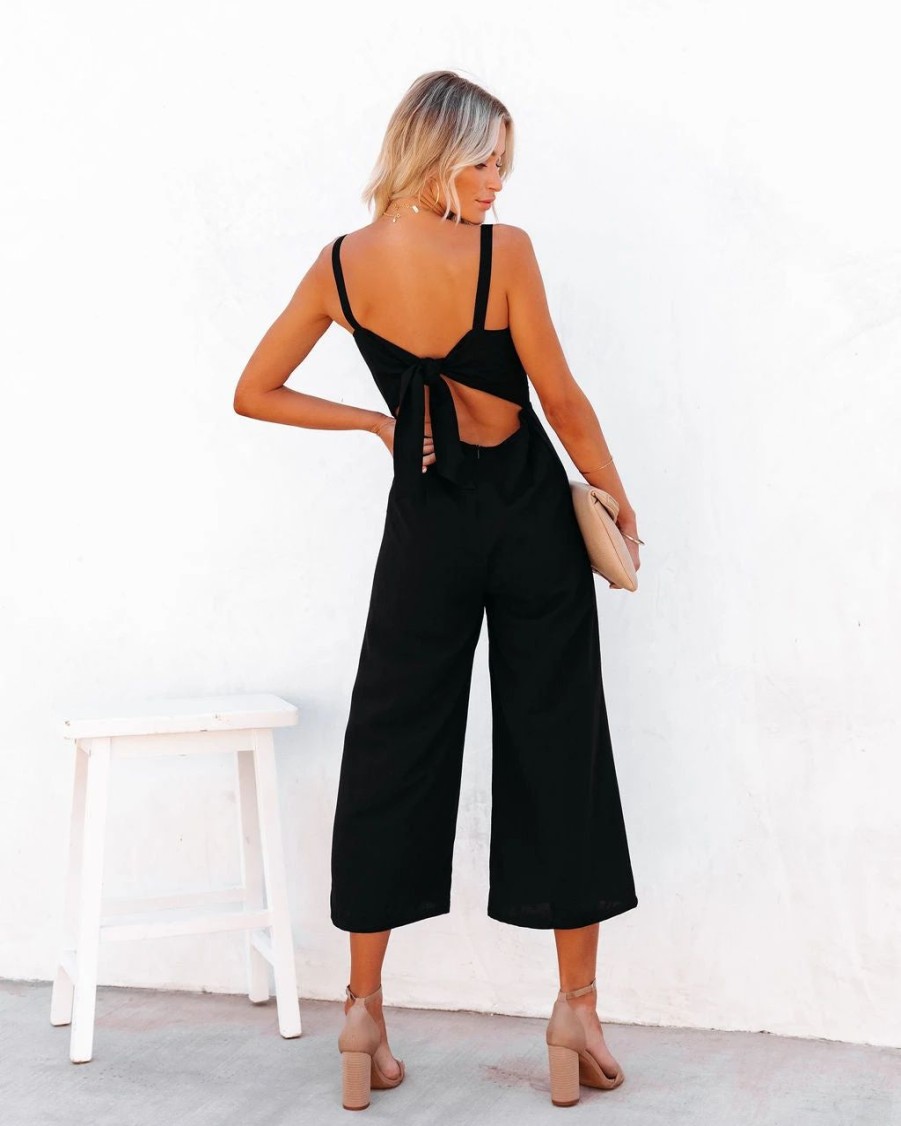 Rompers + Jumpsuits * | Dee-001 Dollhouse Cotton Pocketed Tie Back Jumpsuit Black Last Chance