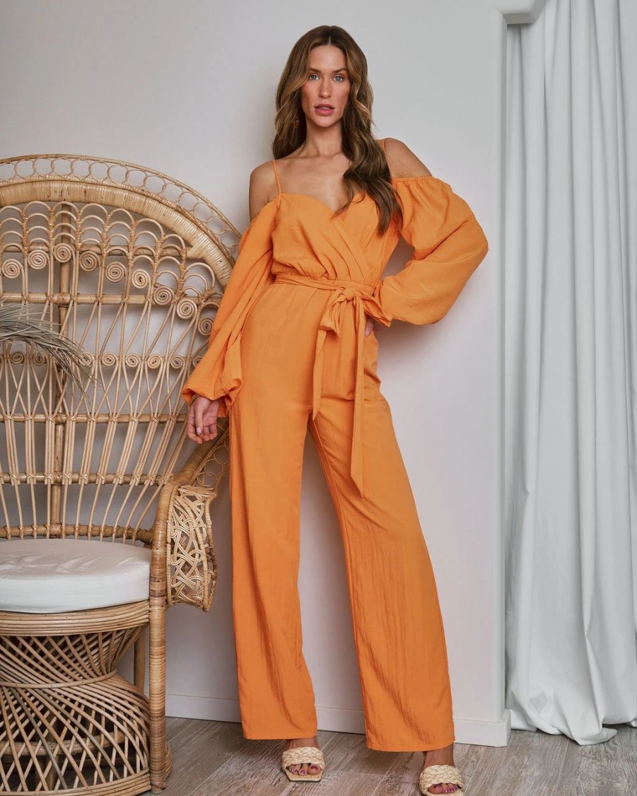 Rompers + Jumpsuits * | Skyl-002 Key West Off The Shoulder Wide Leg Jumpsuit Tangerine Sale