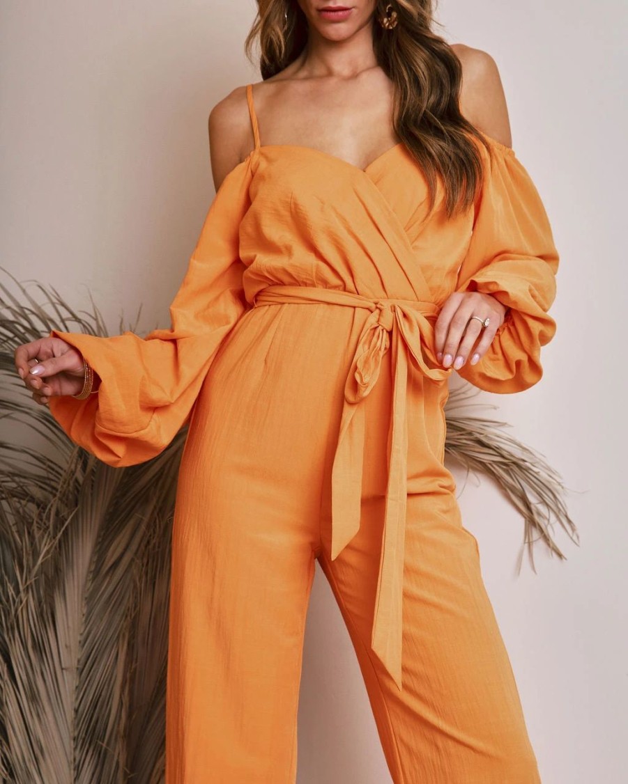 Rompers + Jumpsuits * | Skyl-002 Key West Off The Shoulder Wide Leg Jumpsuit Tangerine Sale