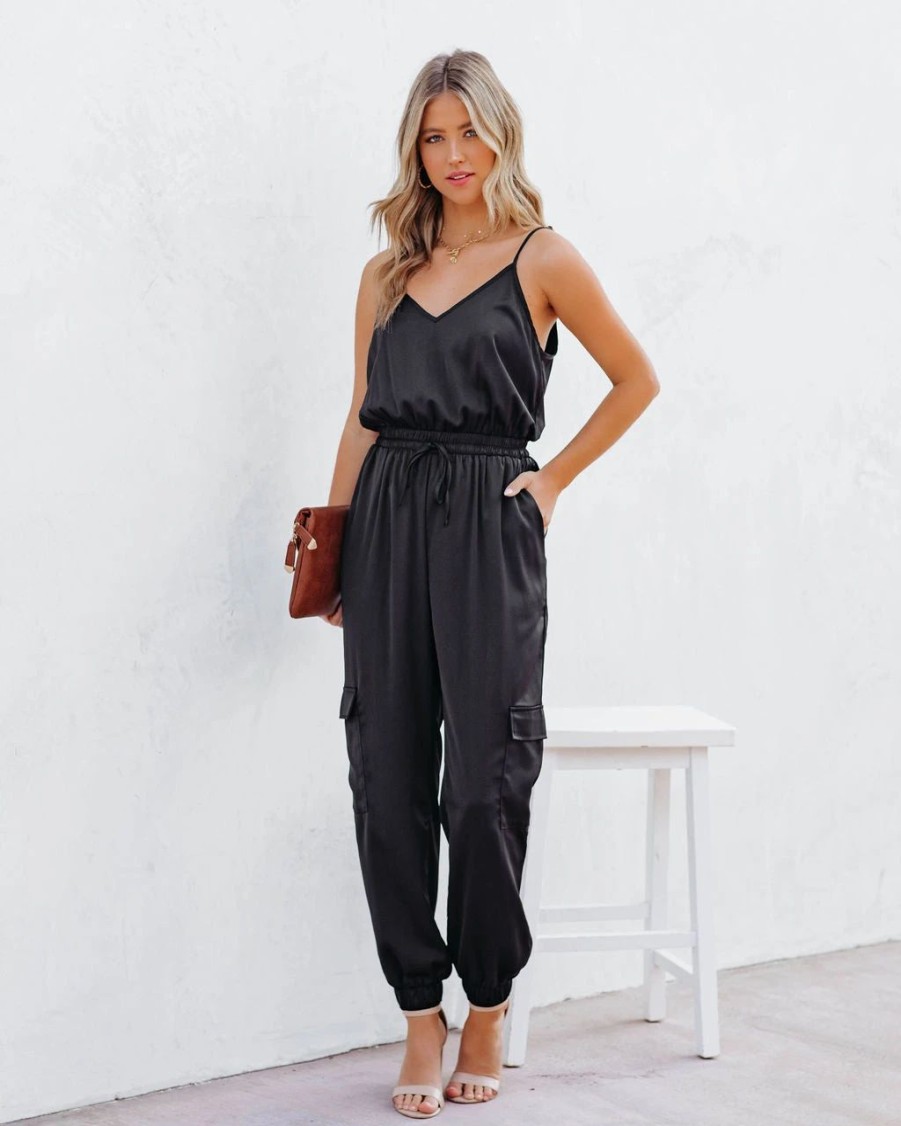 Rompers + Jumpsuits * | Stru-001 Quince Pocketed Satin Utility Jumpsuit Black Final Sale