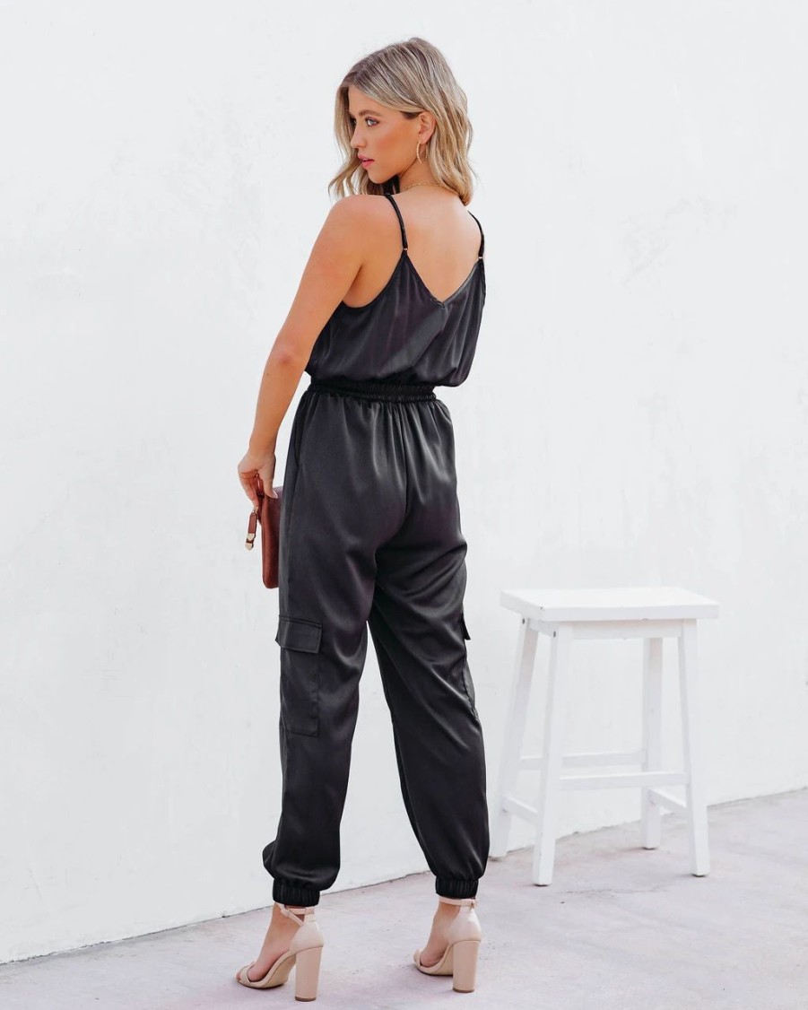 Rompers + Jumpsuits * | Stru-001 Quince Pocketed Satin Utility Jumpsuit Black Final Sale