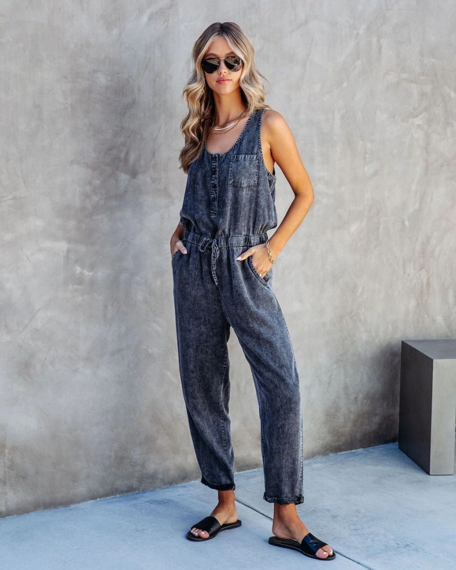 Rompers + Jumpsuits * | Thre-001 Courtney Tencel Pocketed Jumpsuit Charcoal Acid Wash Sale