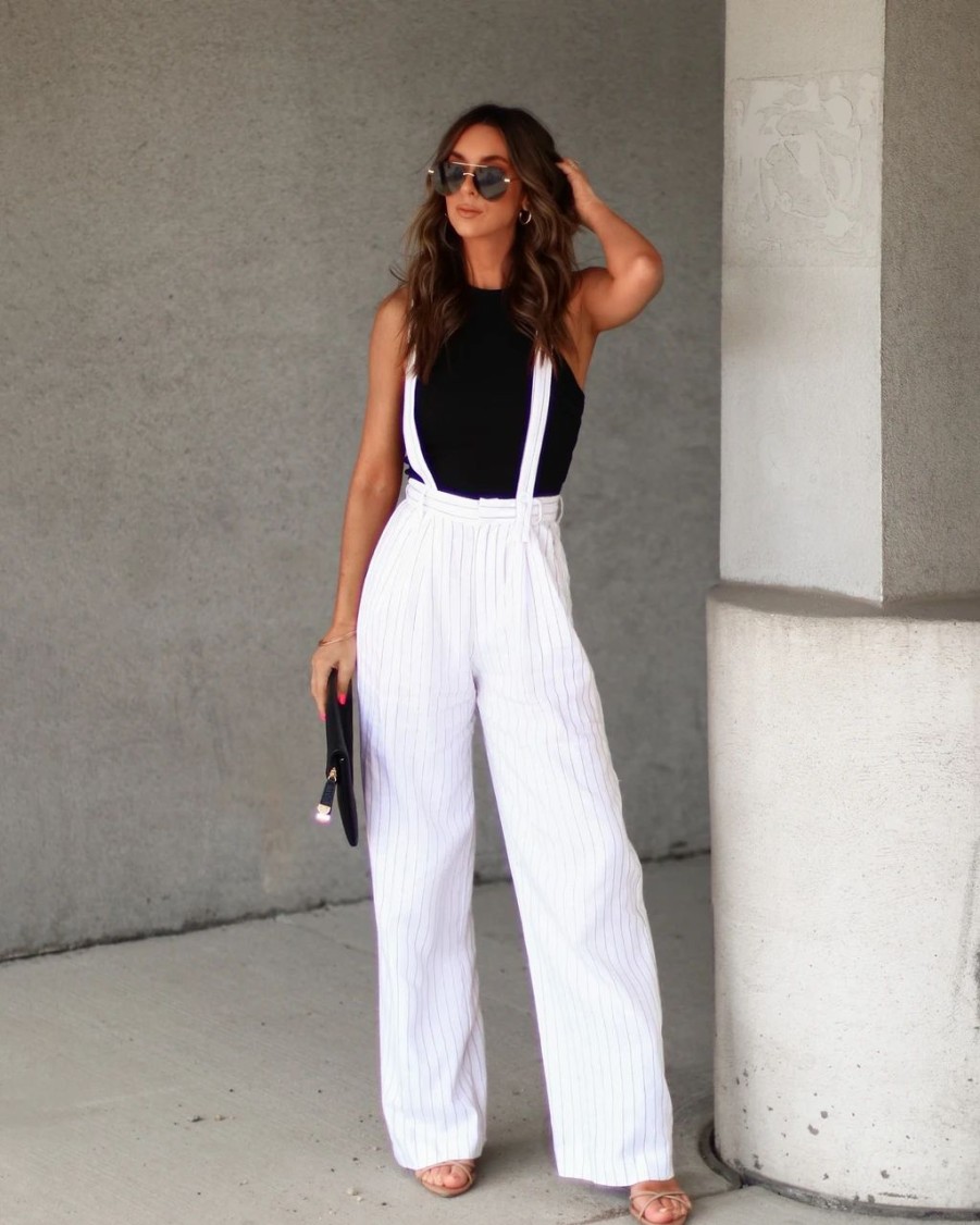 Rompers + Jumpsuits * | Emor-001 Cape Cod Pin Stripe Pocketed Overalls White/Black Sale