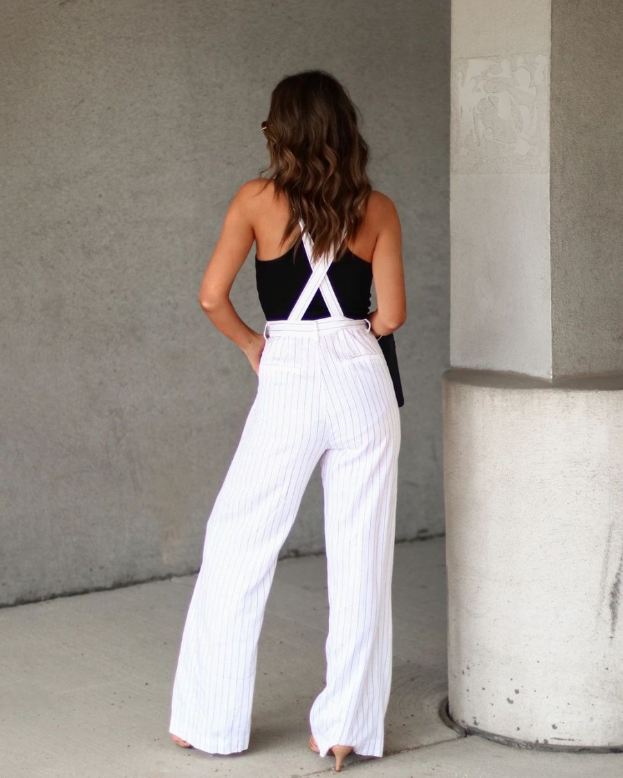 Rompers + Jumpsuits * | Emor-001 Cape Cod Pin Stripe Pocketed Overalls White/Black Sale