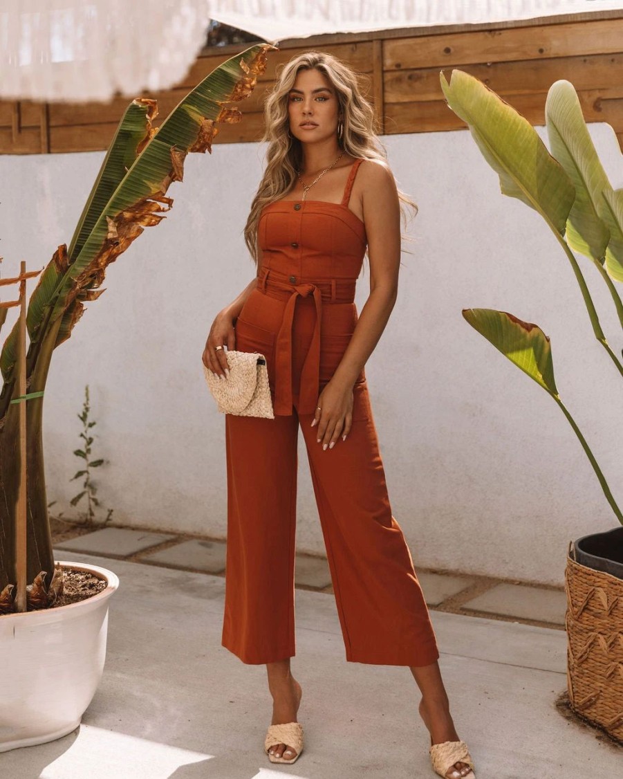 Rompers + Jumpsuits * | Stor-001 She Is Unstoppable Cotton Pocketed Jumpsuit Rust