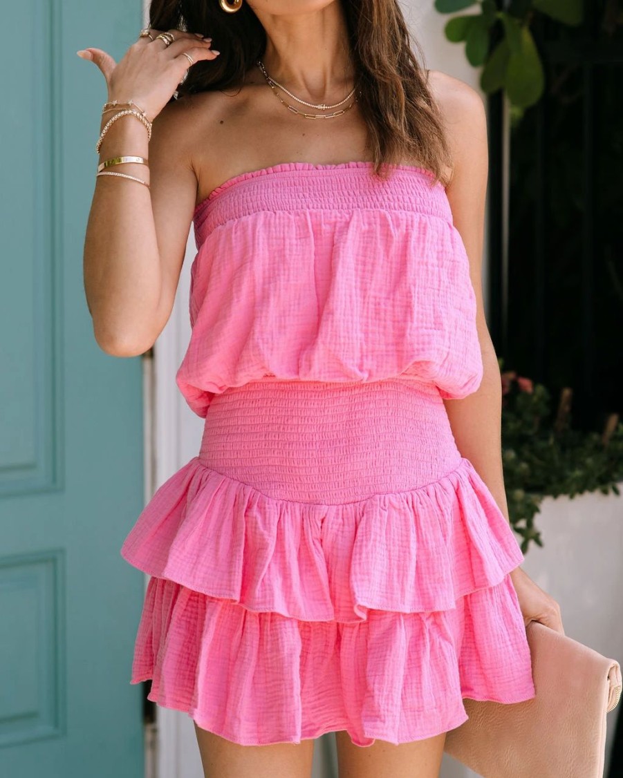 Rompers + Jumpsuits * | Int-001 Laguna Waves Cotton Strapless Smocked Tiered Romper Bubble Gum Sale