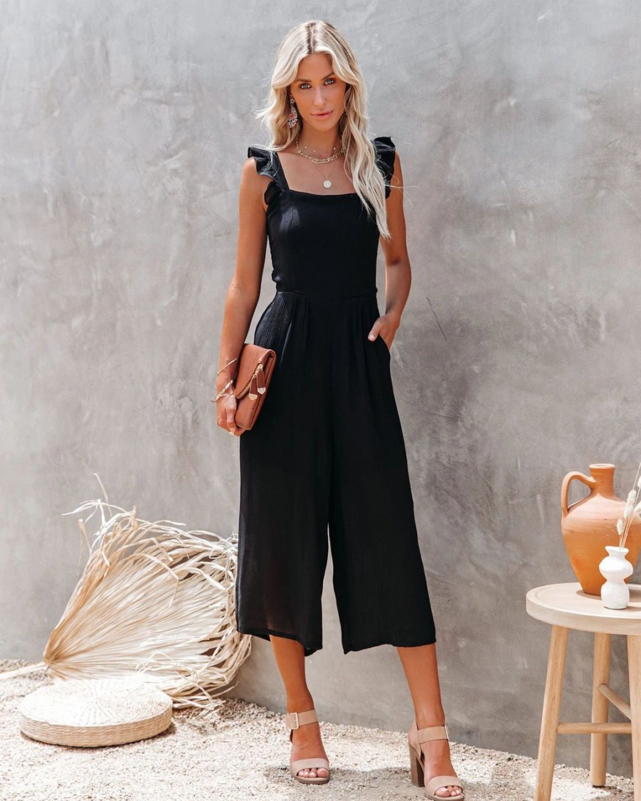 Rompers + Jumpsuits * | Flaw-001 Fashion Faithful Pocketed Ruffle Tie Back Jumpsuit Black Final Sale