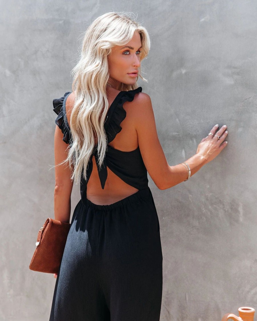 Rompers + Jumpsuits * | Flaw-001 Fashion Faithful Pocketed Ruffle Tie Back Jumpsuit Black Final Sale