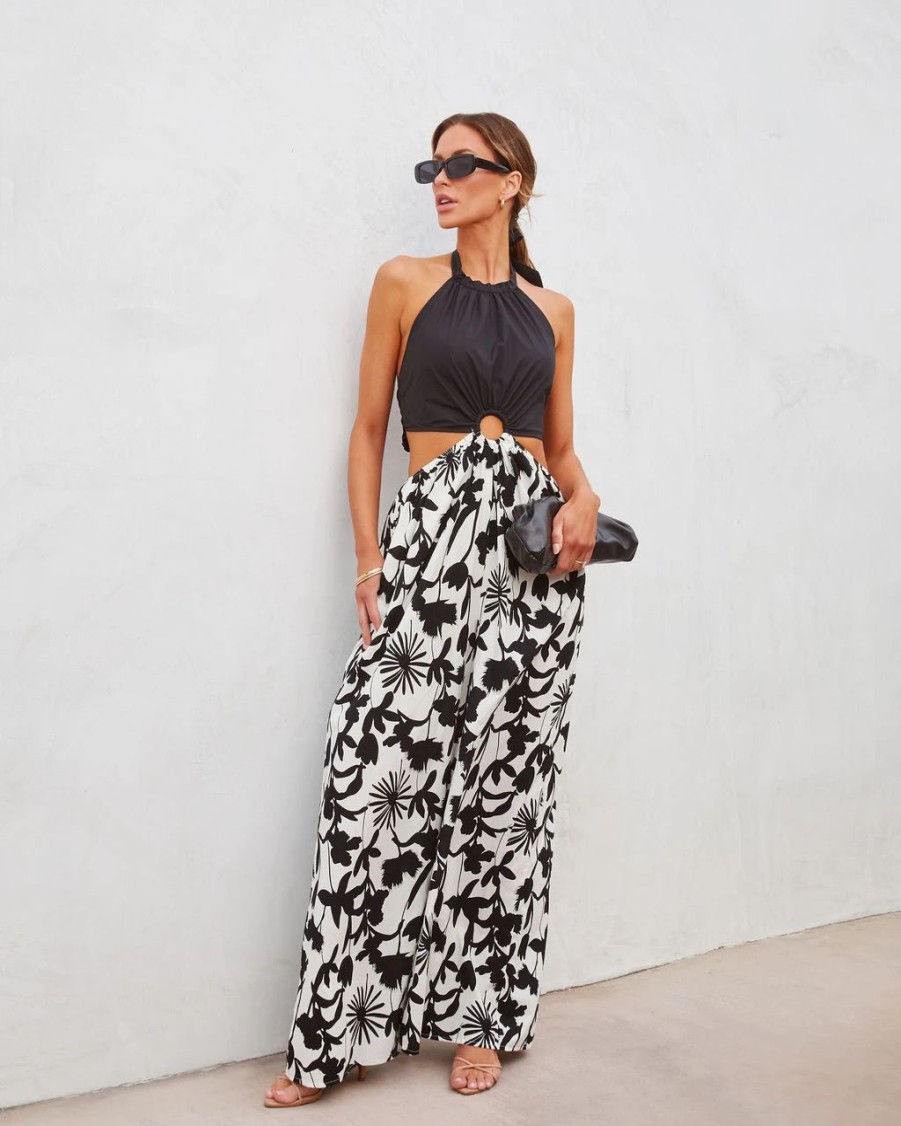 Rompers + Jumpsuits * | Aaka-001 Emani Cotton Floral Pocketed Wide Leg Jumpsuit Black/White