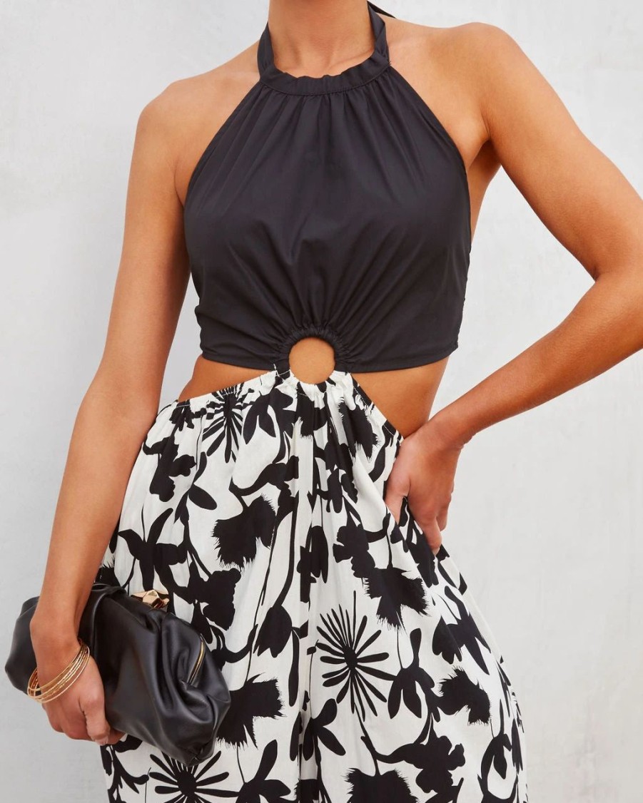 Rompers + Jumpsuits * | Aaka-001 Emani Cotton Floral Pocketed Wide Leg Jumpsuit Black/White