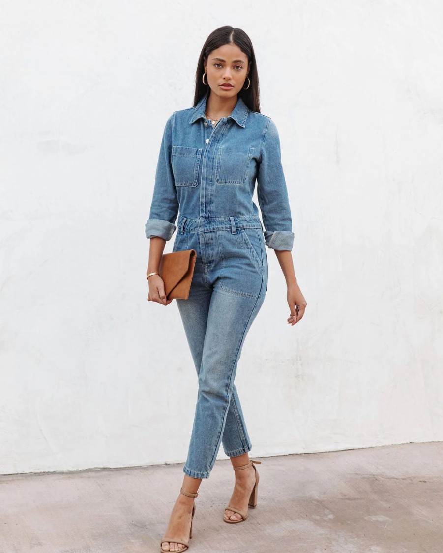 Rompers + Jumpsuits * | Fore-001 Jenny Pocketed Denim Jumpsuit Sale