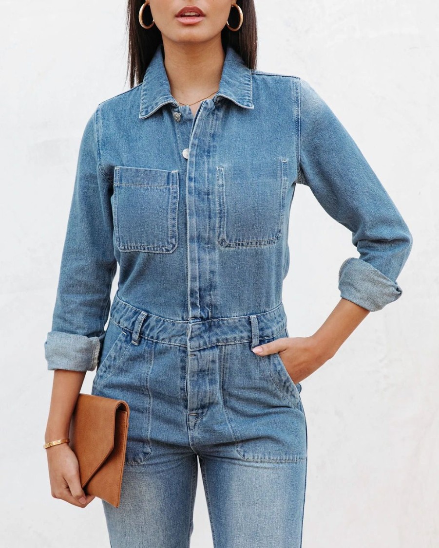 Rompers + Jumpsuits * | Fore-001 Jenny Pocketed Denim Jumpsuit Sale