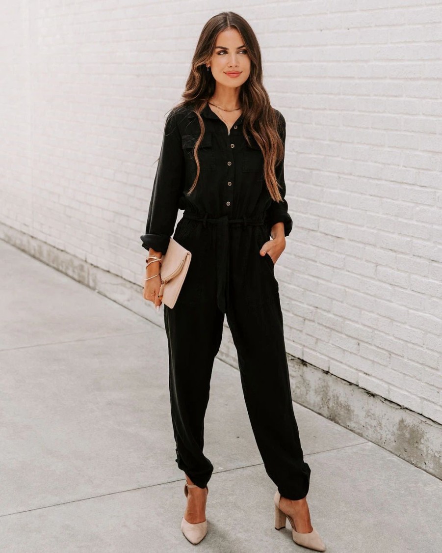 Rompers + Jumpsuits * | Velv-001 Dorothy Tencel Pocketed Jumpsuit Black Final Sale