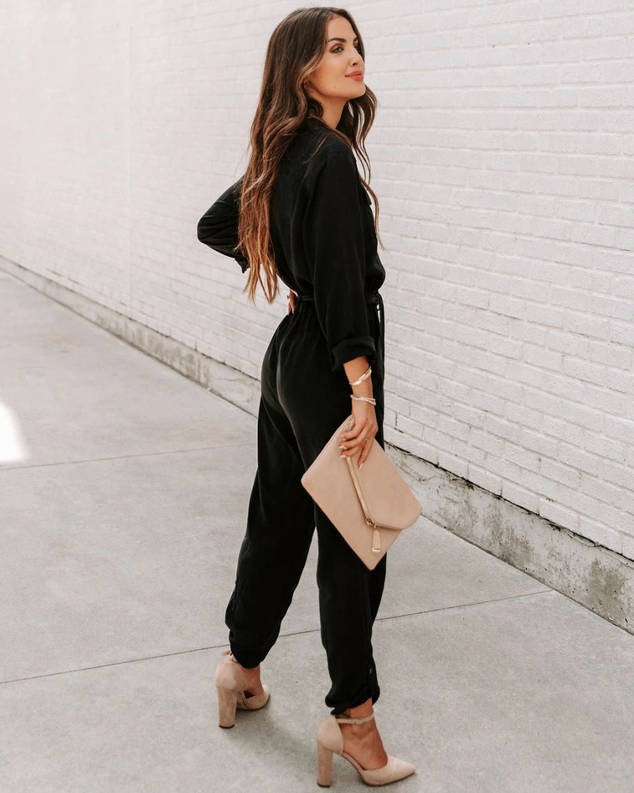 Rompers + Jumpsuits * | Velv-001 Dorothy Tencel Pocketed Jumpsuit Black Final Sale